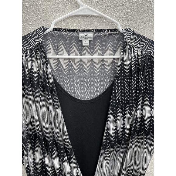 Womens Worthington Stretch Short Sleeve Faux Wrap Black Blouse Size Small - Picture 4 of 10